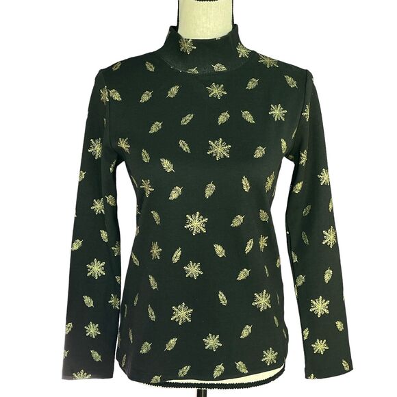 Karen Scott Petite Small PS Top Holiday Snowflake Long Sleeve Stretch Mock Neck - Picture 1 of 8